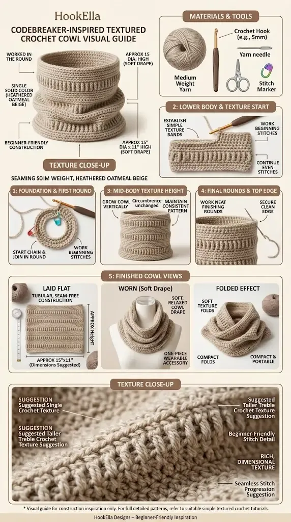 HookElla visual guide for a Codebreaker-inspired textured crochet cowl worked in the round