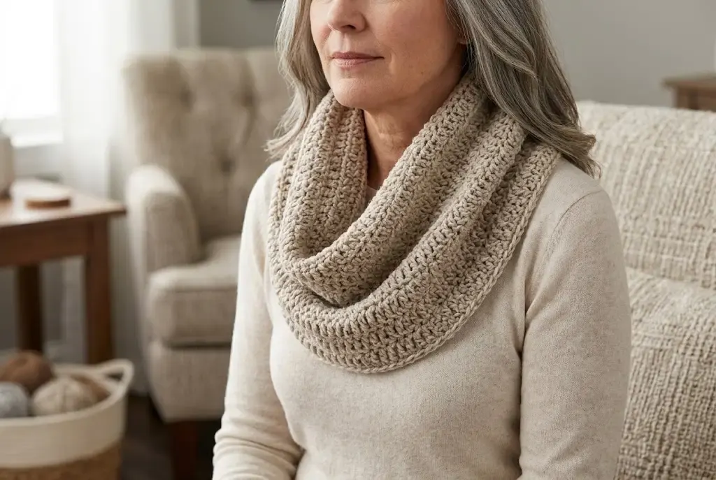 Neutral textured crochet cowl worn as a soft layered accessory in a cozy living room