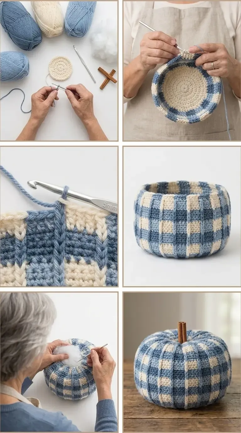 Construction storyboard showing a gingham crochet pumpkin worked in the round, ribbed colourwork, stuffing, and a cinnamon-stick stem