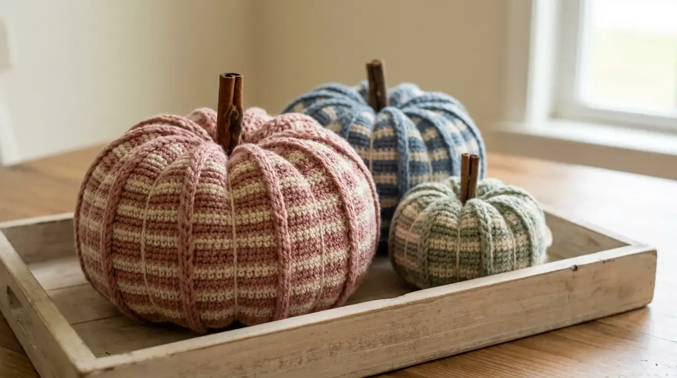 Three crocheted gingham pumpkins in pink, blue, and sage arranged on a wooden tray