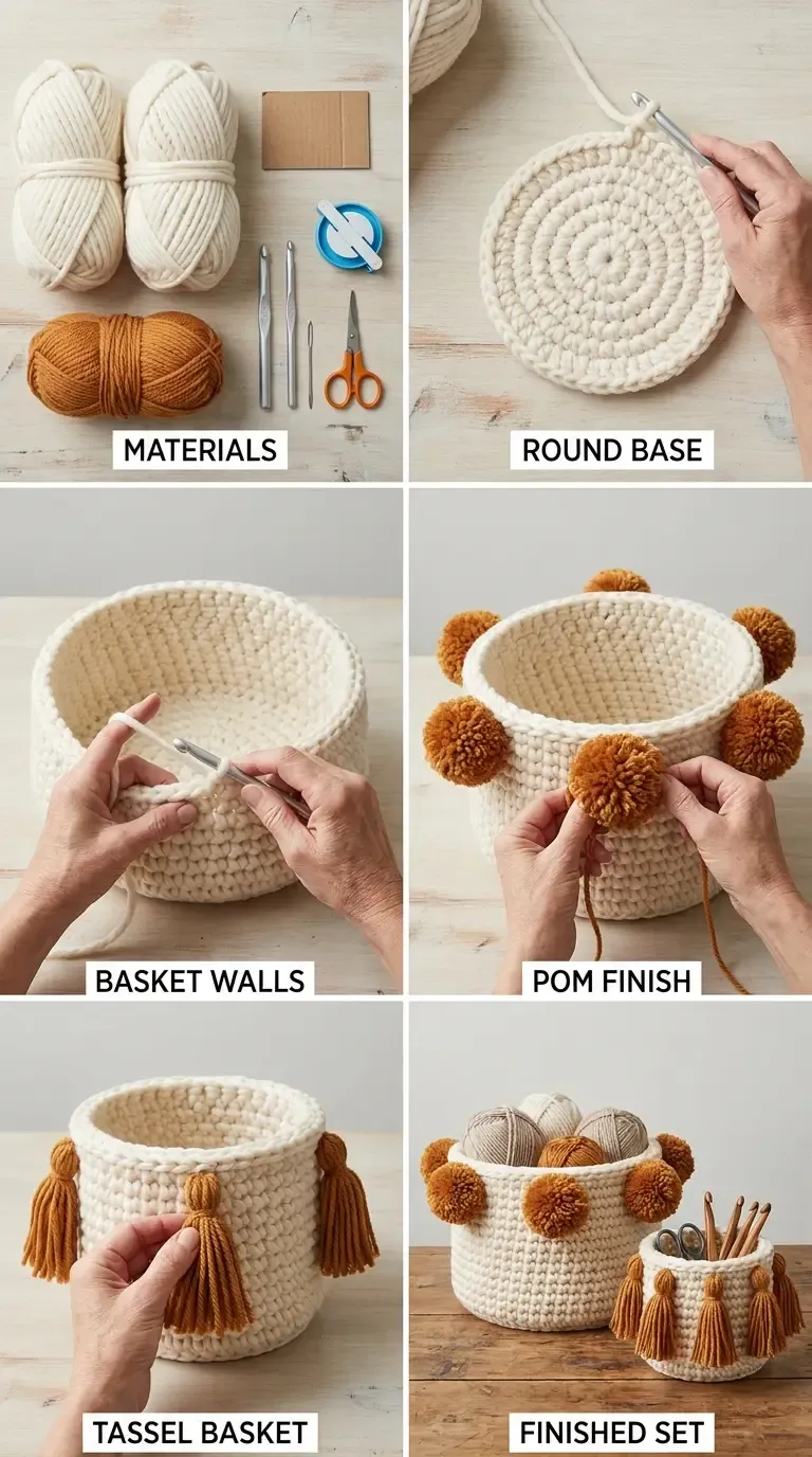 Construction overview showing the Cozy Boho Basket Duo’s circular base, single-crochet walls, pom-pom trim, tassel trim, and finished baskets