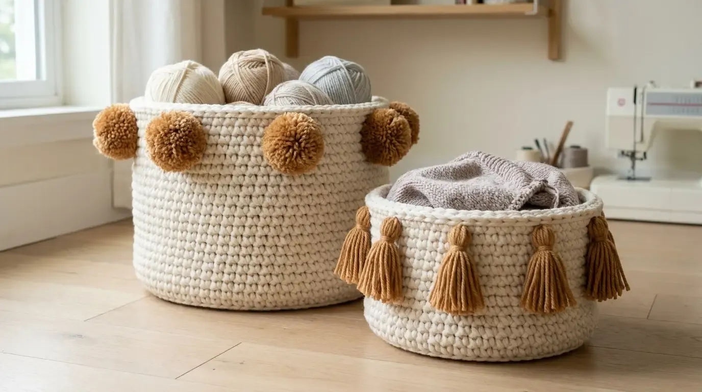 Matching chunky ivory crochet baskets with caramel pom-poms and tassels holding yarn and a folded throw