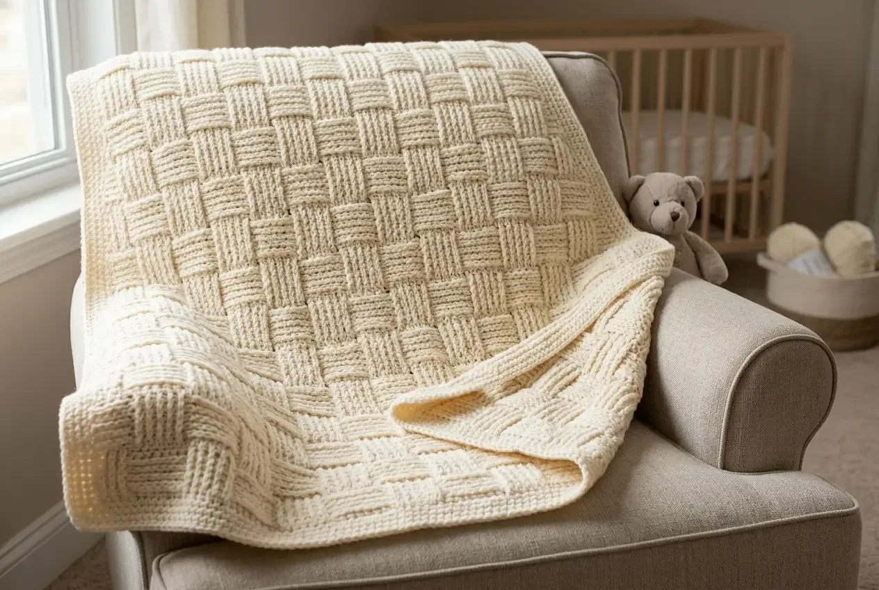 Warm cream basketweave crochet baby blanket draped over a neutral armchair beside a crib