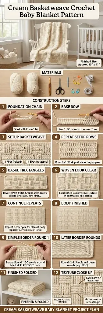 Construction guide for the cream basketweave baby blanket showing the foundation chain, post-stitch groups, eight-row reversal, border rounds, and folded finished blanket