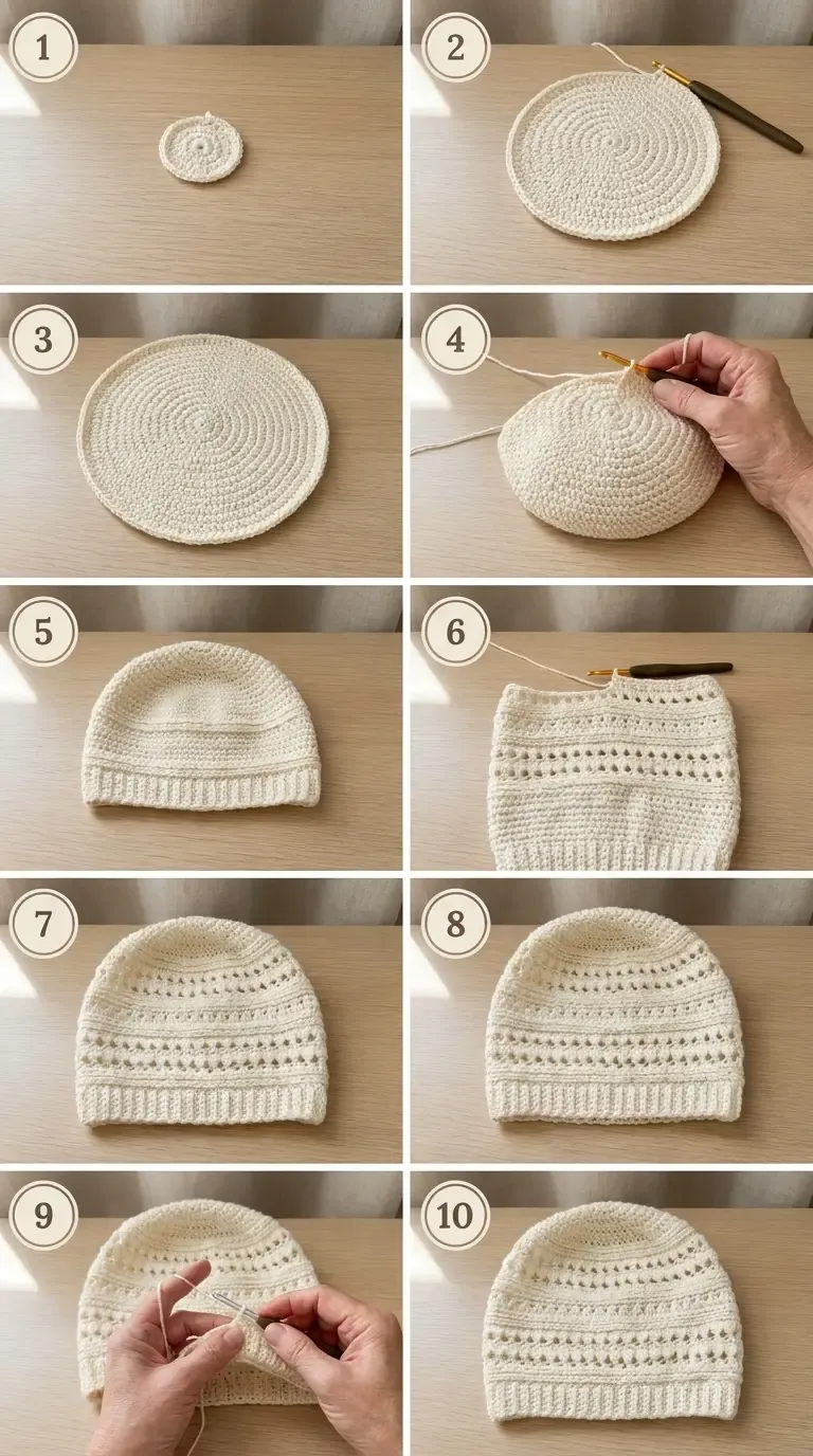 Ten visual milestones showing the cream beanie from its increasing crown through eyelet bands and the finished ribbed brim