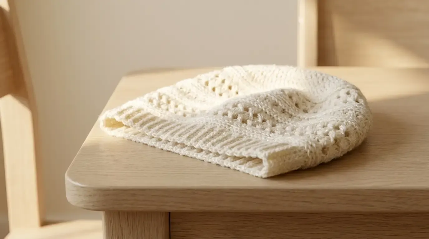 Cream crochet beanie with small eyelet bands, horizontal ridges, and a narrow ribbed brim laid on a wooden table.