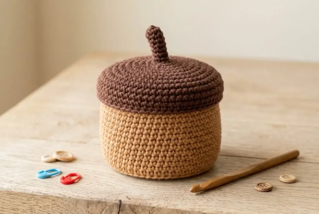 Finished crochet acorn storage basket with a tan body, brown lid, and upright stem on a wooden table