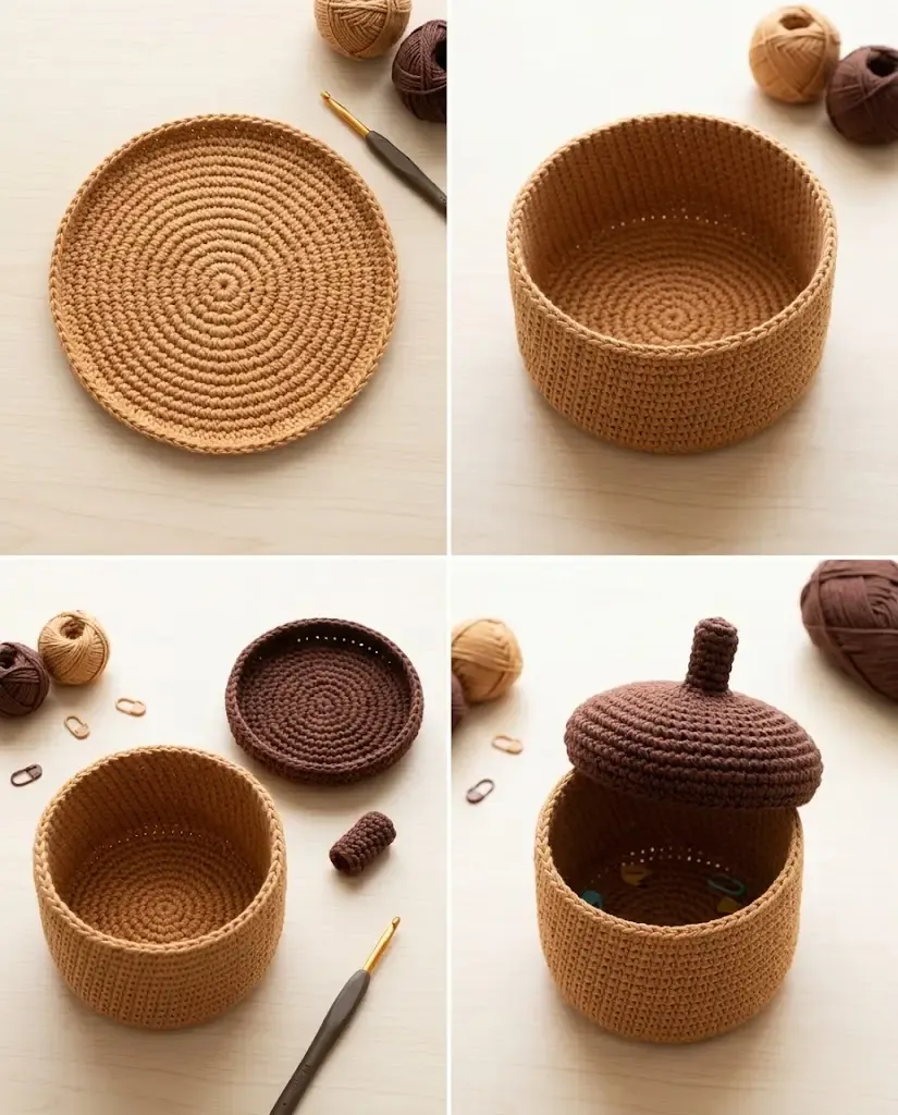 Construction stages for the crochet acorn basket, including the circular base, basket body, separate lid, and stem