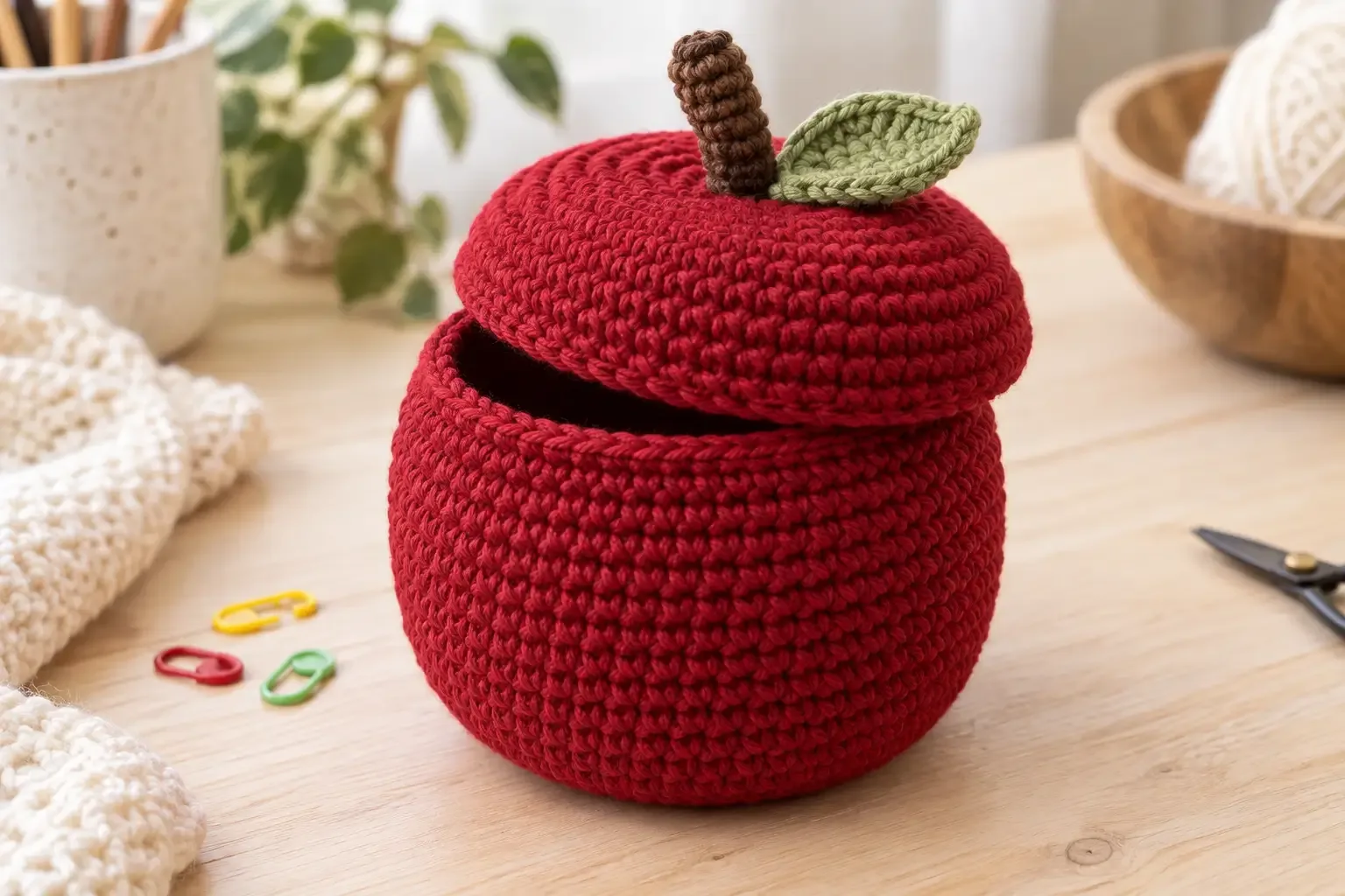 Finished red crochet apple trinket basket with a removable lid, brown stem, and olive-green leaf on a craft table