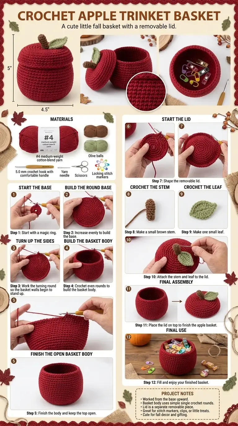 Construction stages for the crochet apple trinket basket, including the circular base, body, lid, stem, and final assembly