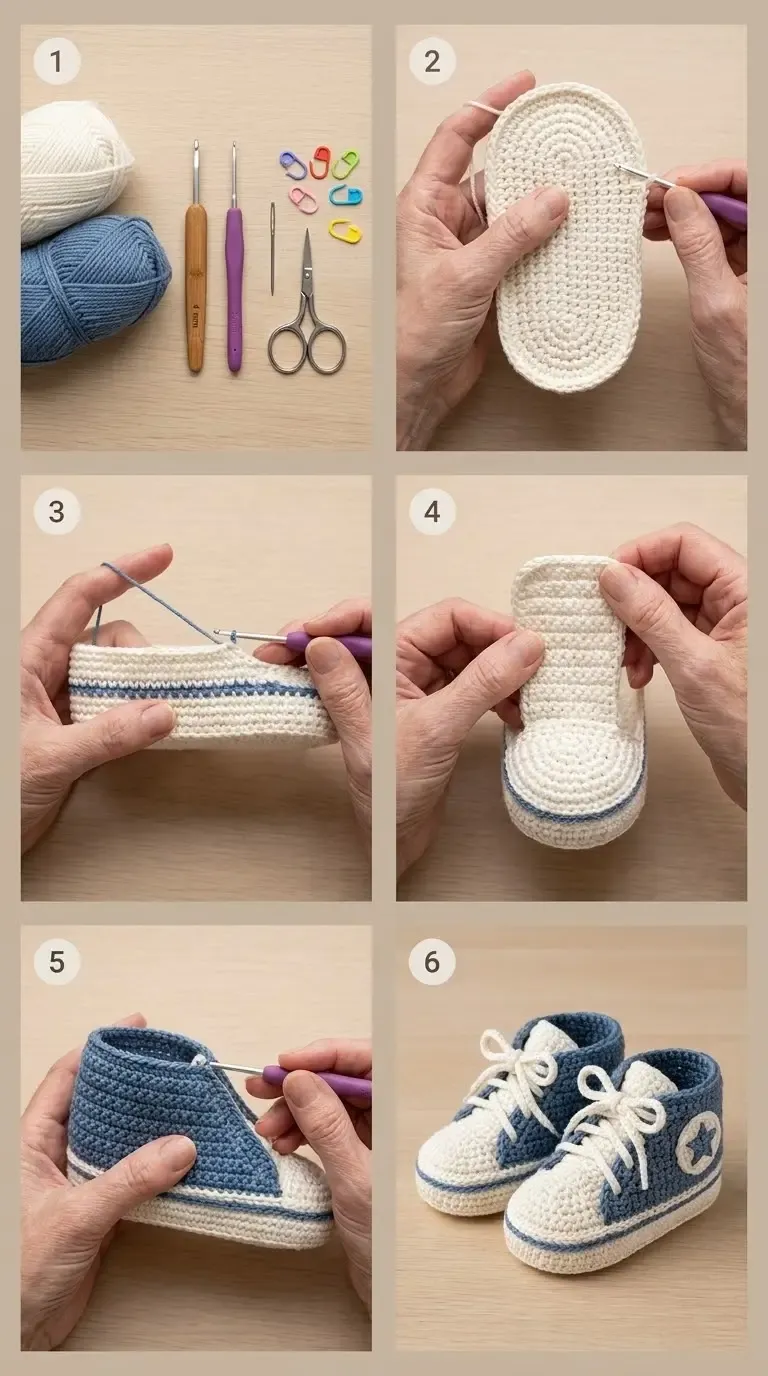 Six-step overview of crochet baby high-top sneaker construction, from materials and oval sole through the striped edge, toe and tongue, colored upper, and finished laced pair