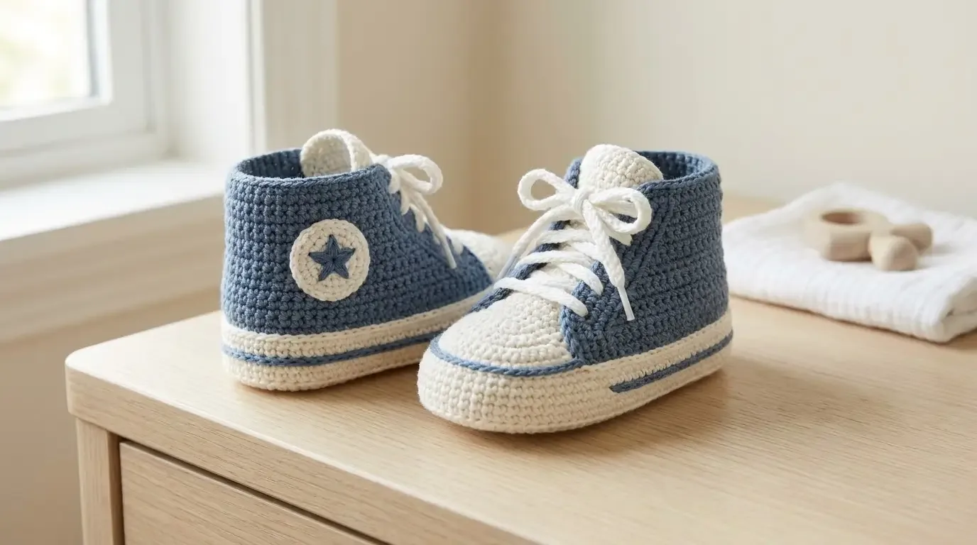 Pair of denim-blue and white crocheted baby high-top sneakers with white toe caps, laces, sole stripes, and round star patches