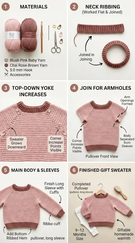 HookElla visual overview of the two-color even moss baby sweater, from joined neck ribbing through the top-down yoke, armholes, sleeves, cuffs, and finished pullover