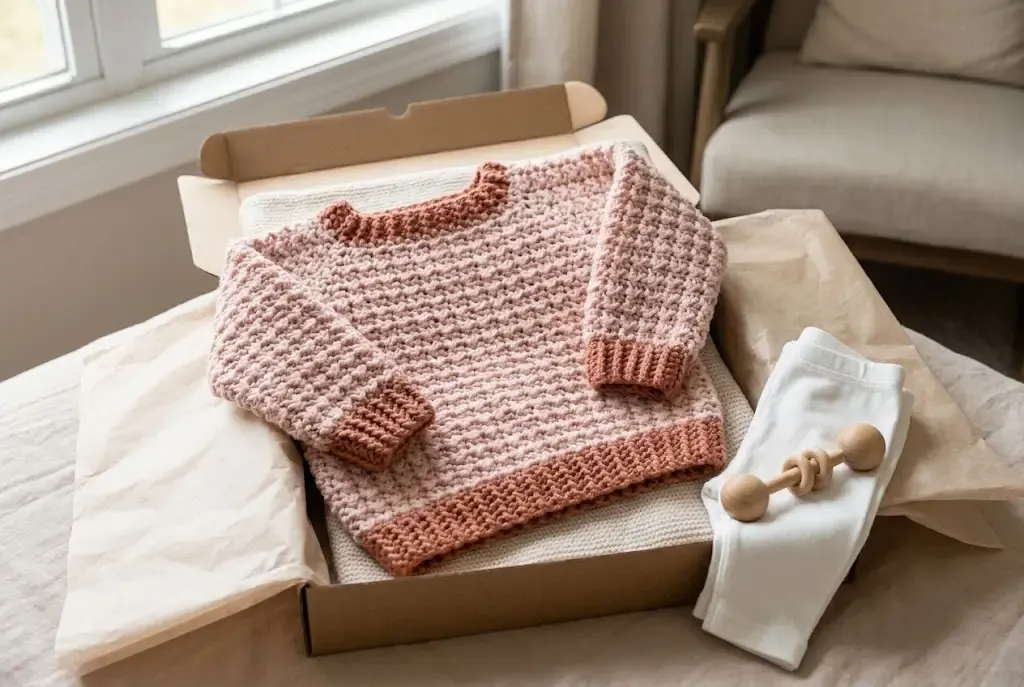 Blush pink crochet baby sweater with chai-brown ribbed neck, cuffs, and hem arranged in a gift box beside white baby leggings and a wooden rattle