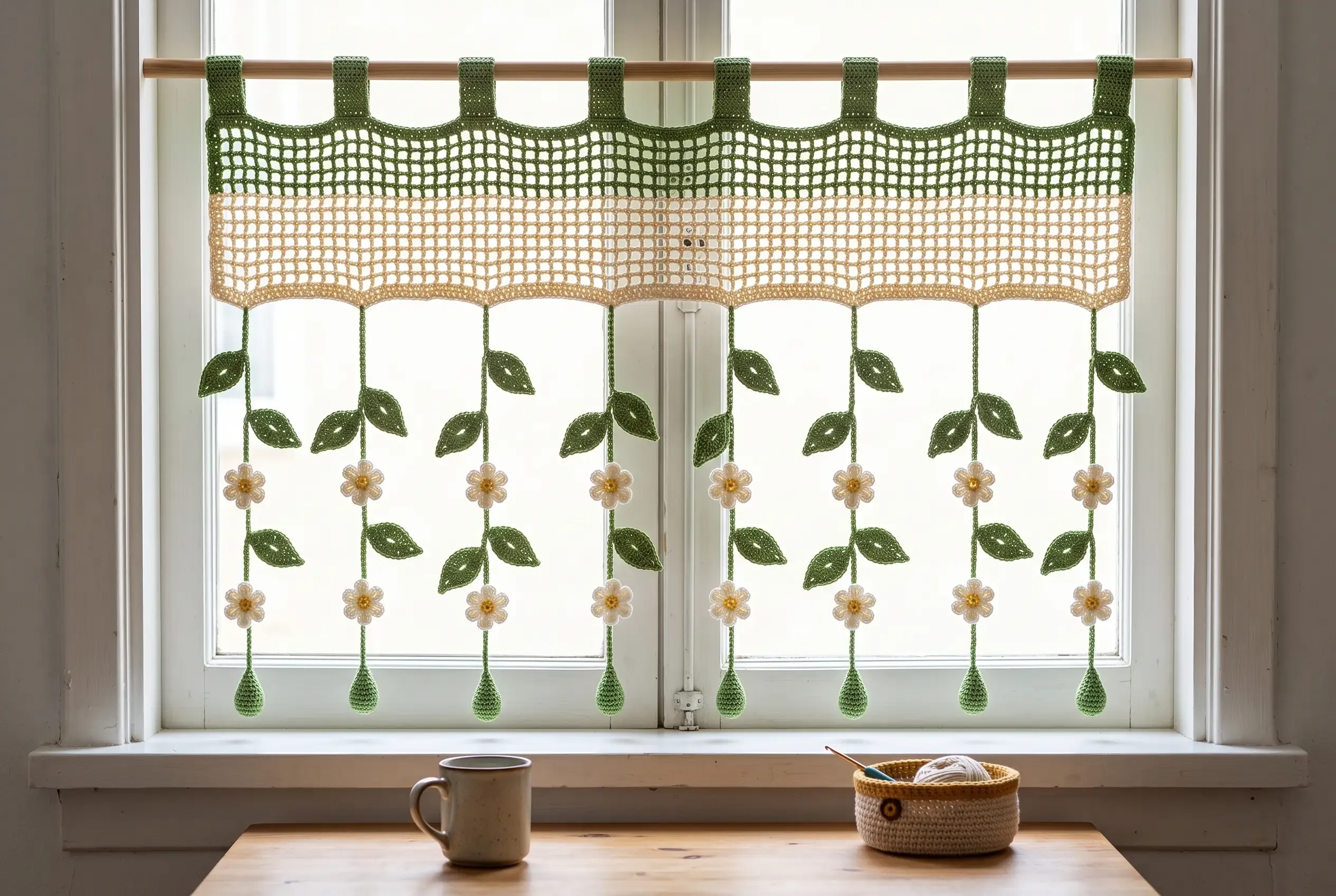 Handmade crochet flower curtain with green hanging vines and cream daisies across a bright window