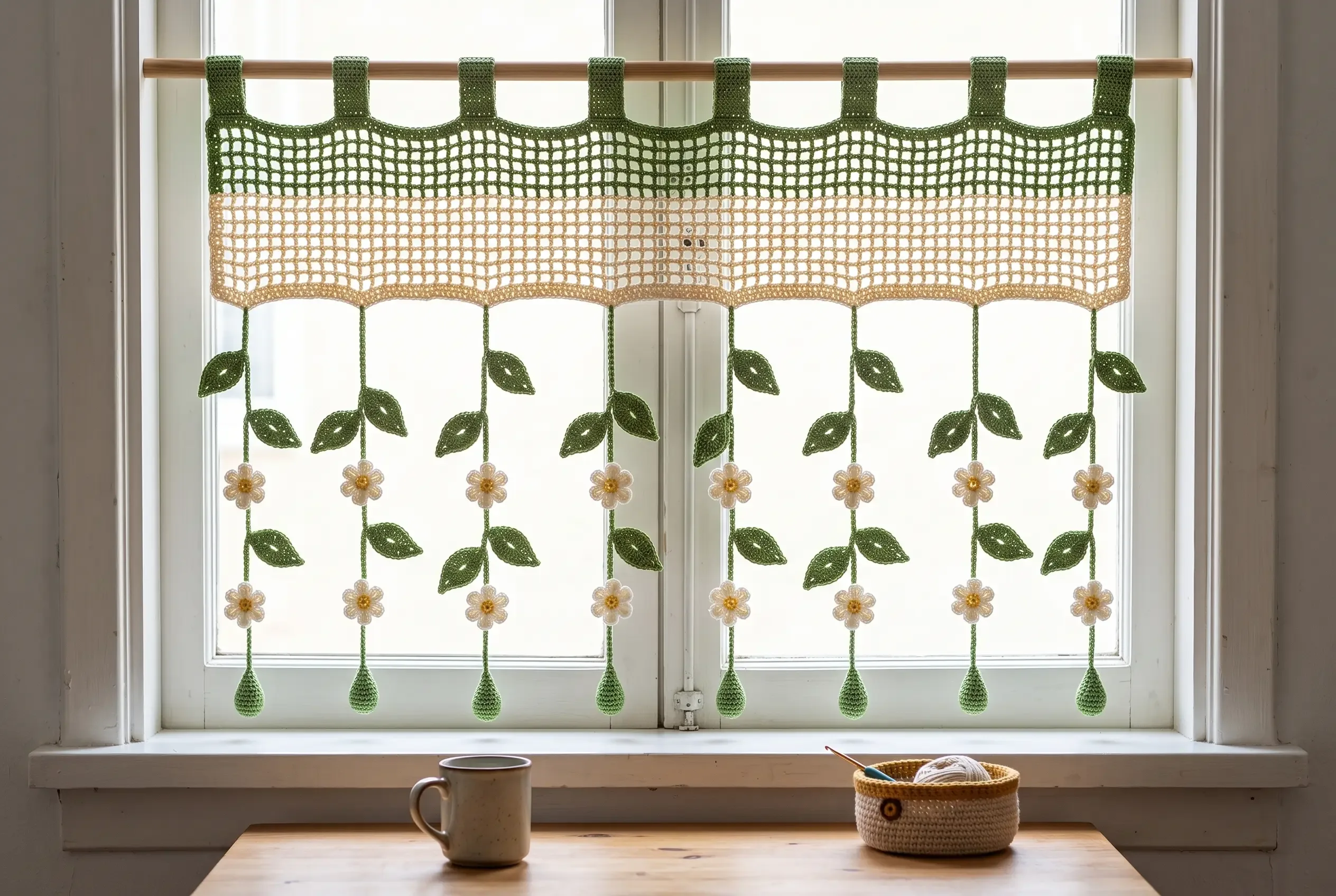 Handmade crochet flower curtain with green hanging vines and cream daisies across a bright window