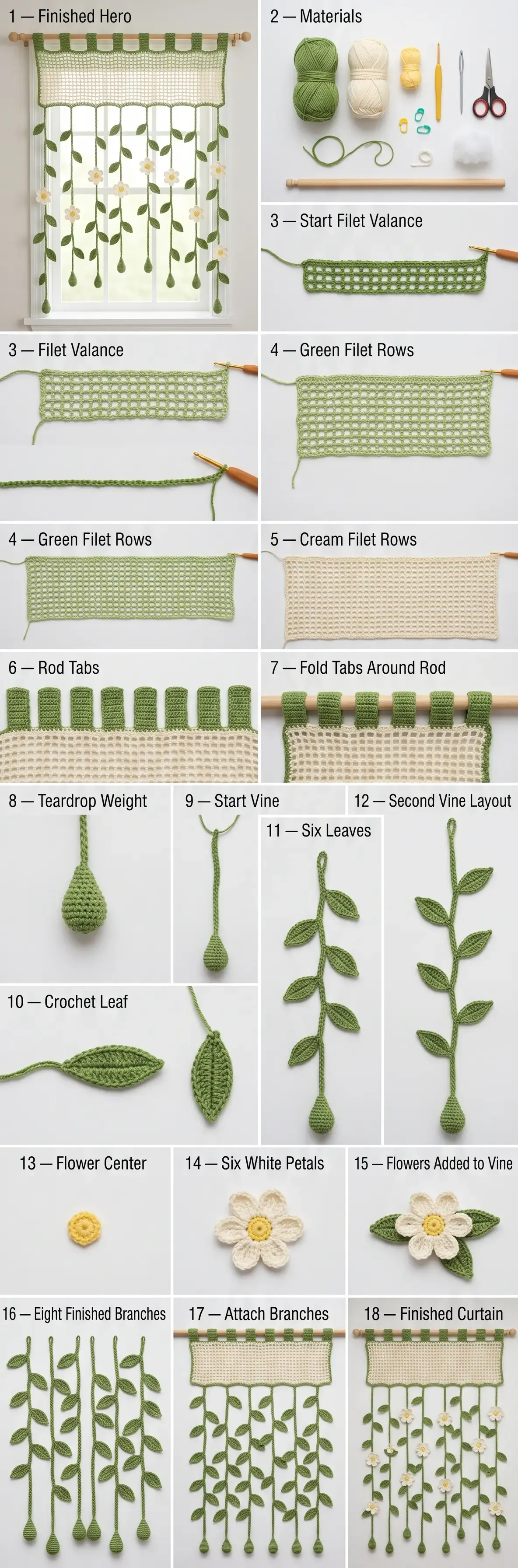 Step-by-step crochet flower curtain guide showing filet valance, rod tabs, leaves, flowers, teardrop weights, and finished branches