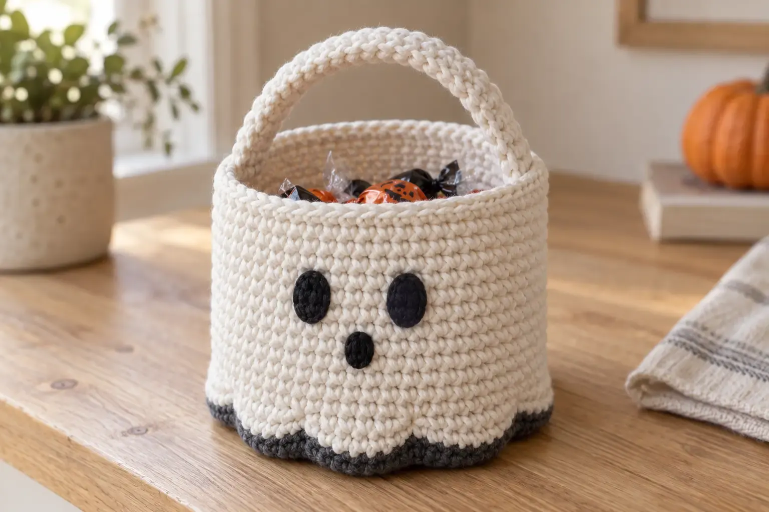 Warm white crochet ghost treat basket with charcoal scalloped bottom, black oval face, and short handle filled with candy