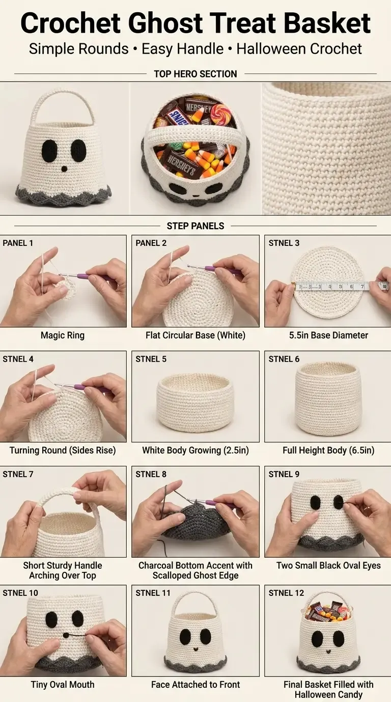 Construction guide for the crochet ghost treat basket showing the flat base, upright body, handle, charcoal ghost edge, face pieces, and finished basket