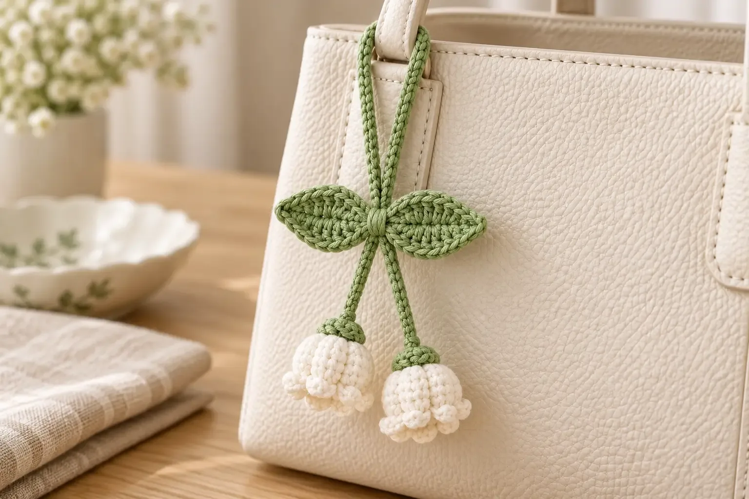 White lily-of-the-valley crochet keychain with green leaves and two bell flowers hanging from a handbag