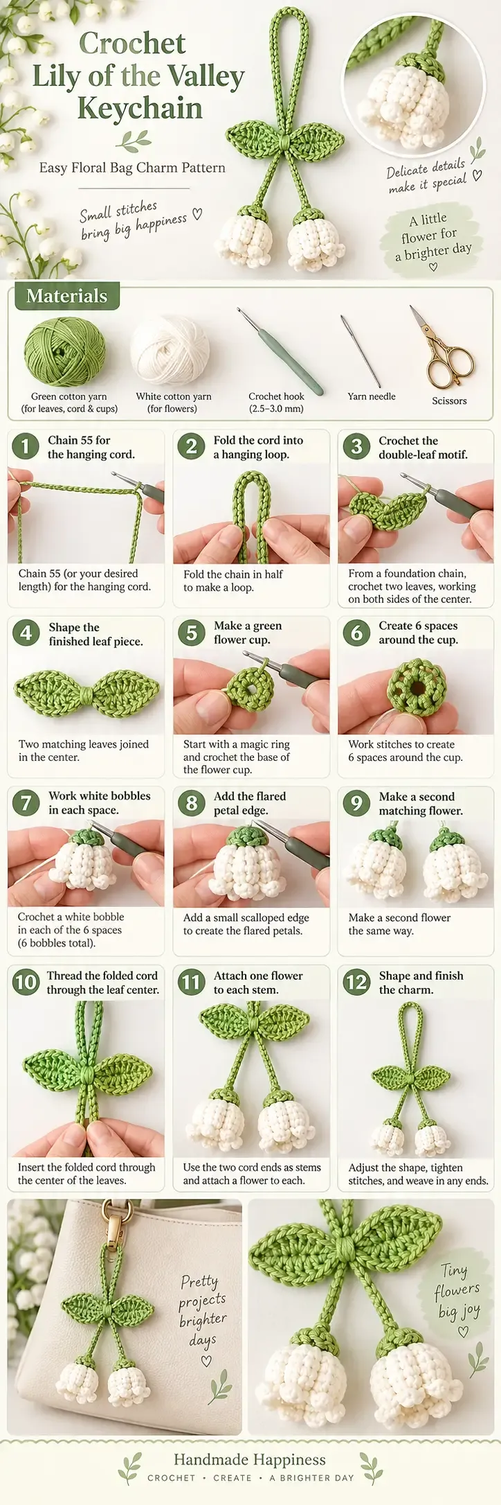 Step-by-step construction guide for the crochet lily-of-the-valley keychain, including the cord, leaf motif, flower cups, petals, and assembly