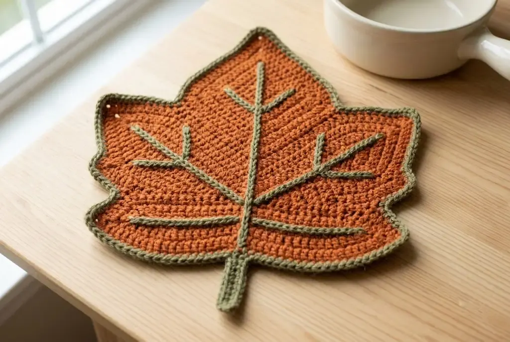 Finished orange crochet maple leaf mat with an olive-green border and embroidered veins on a wooden table