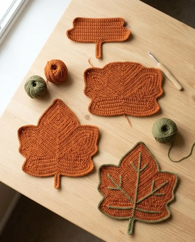 Construction stages for the crochet maple leaf, including the flat panels, stem, yarn colors, and finished edging