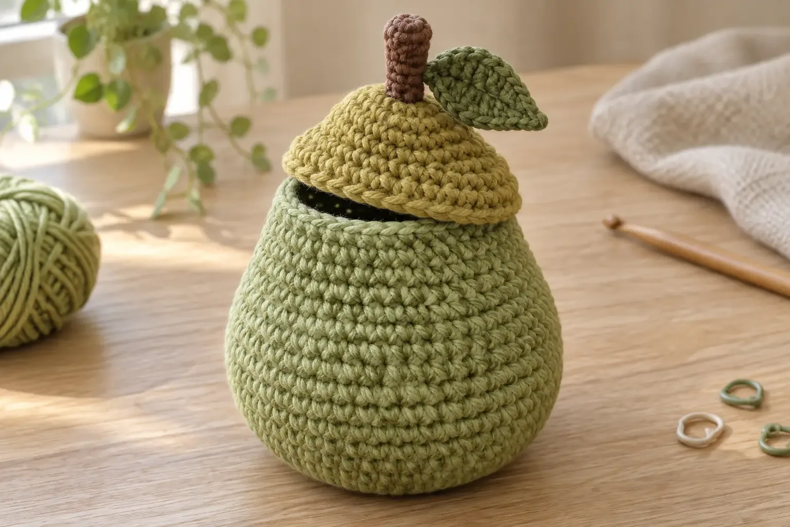 Finished light-green crochet pear trinket basket with a golden lid, brown stem, and olive leaf on a wooden table