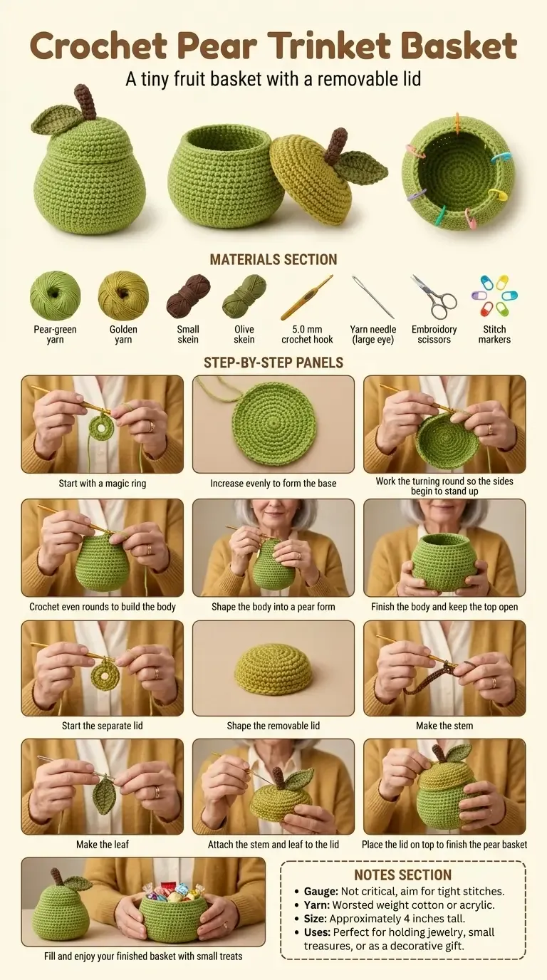Construction stages for the crochet pear basket, including the circular base, shaped body, lid, stem, leaf, and assembly