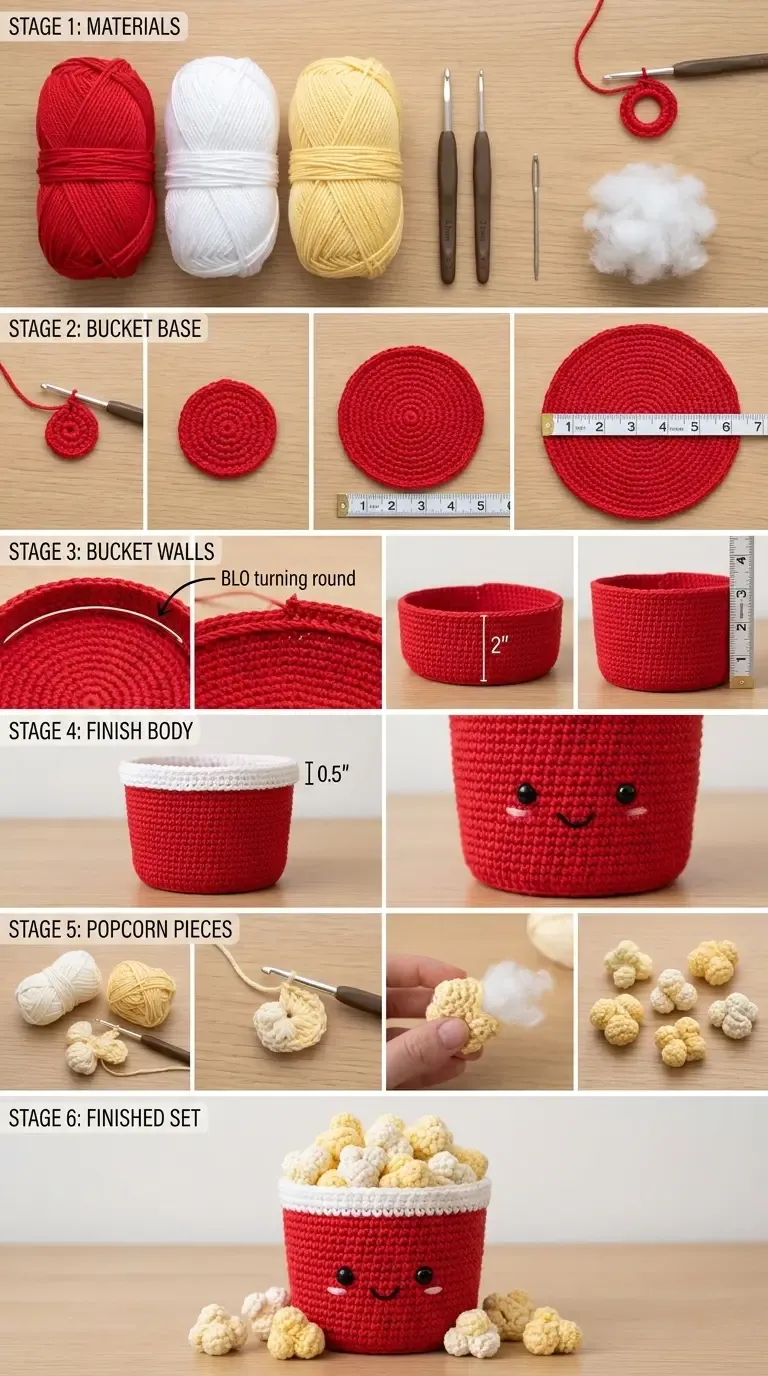 HookElla construction guide showing the bucket base, BLO turning round, white rim, embroidered face, stuffed popcorn pieces, and finished set