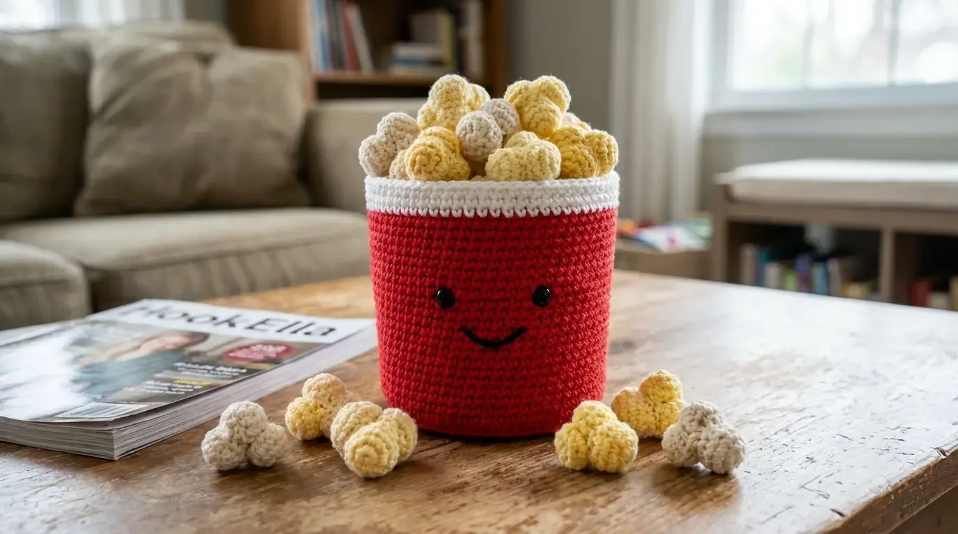 Red crochet popcorn bucket with a smiling face, white rim, and soft yellow and cream popcorn pieces