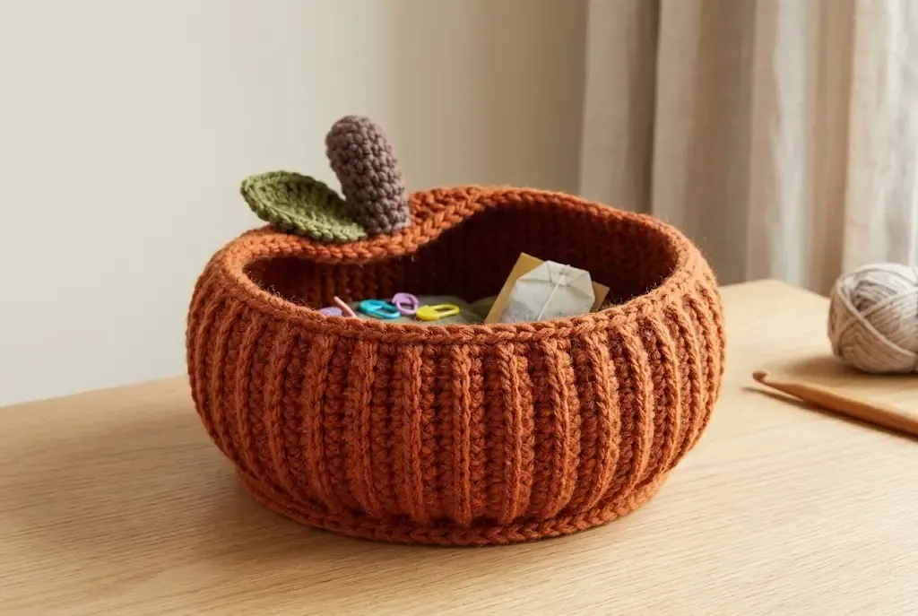 Finished orange ribbed crochet pumpkin catch-all basket with a green leaf and brown stem on a wooden table