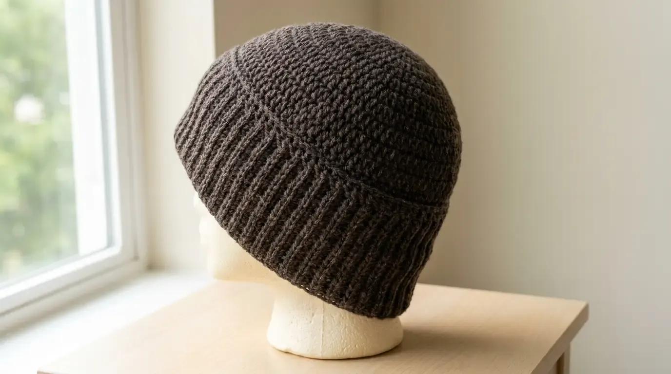 Dark heather-brown ribbed crochet beanie with a rounded crown and continuous vertical post-stitch ribs, shown on a head form