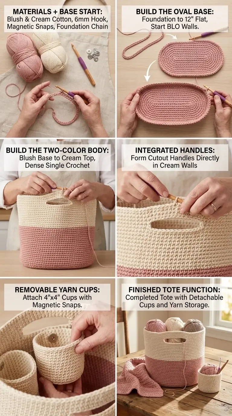 HookElla construction guide showing the oval base, two-color tote body, integrated handles, removable yarn cups, and magnetic snap attachment points