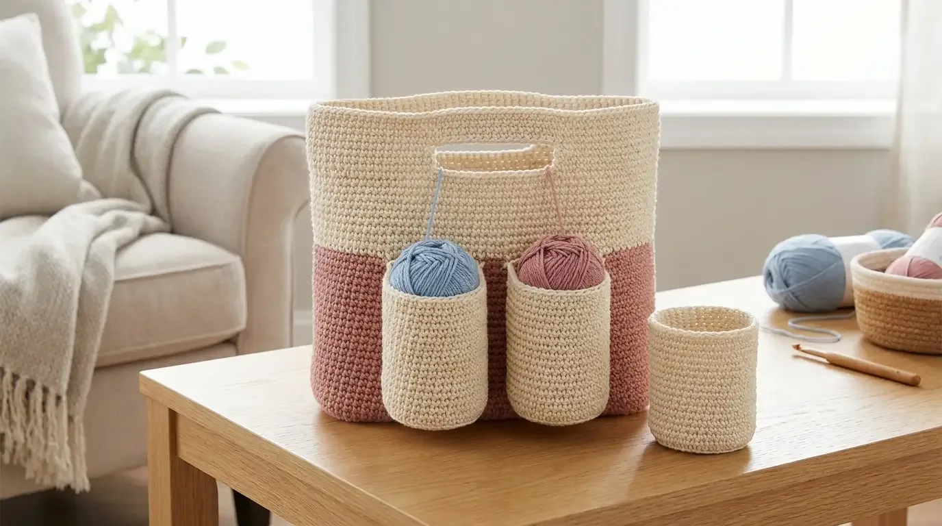 Blush and cream crochet tote with two integrated handles and three detachable yarn cups