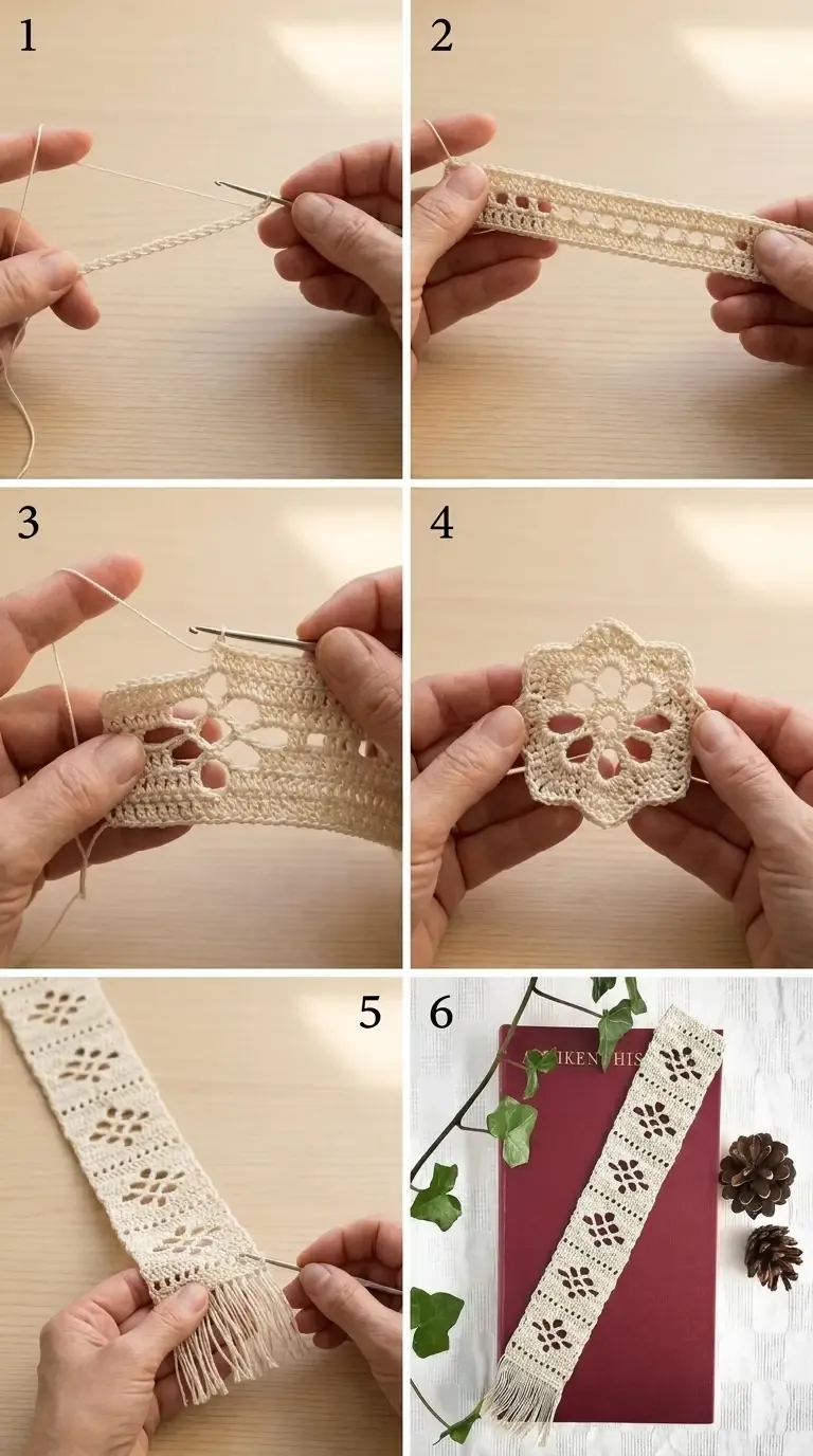 Six-stage visual guide to crocheting the ivory bookmark, showing the foundation chain, lace rows, flower repeat, fringe, and finished bookmark