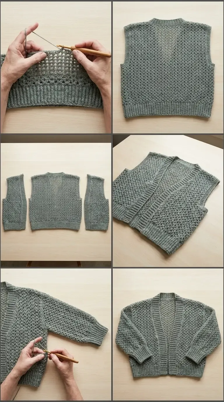 Six-stage visual overview of a crochet lace cardigan showing a textured panel, seamed body, sleeves, ribbed edging, and finished garment