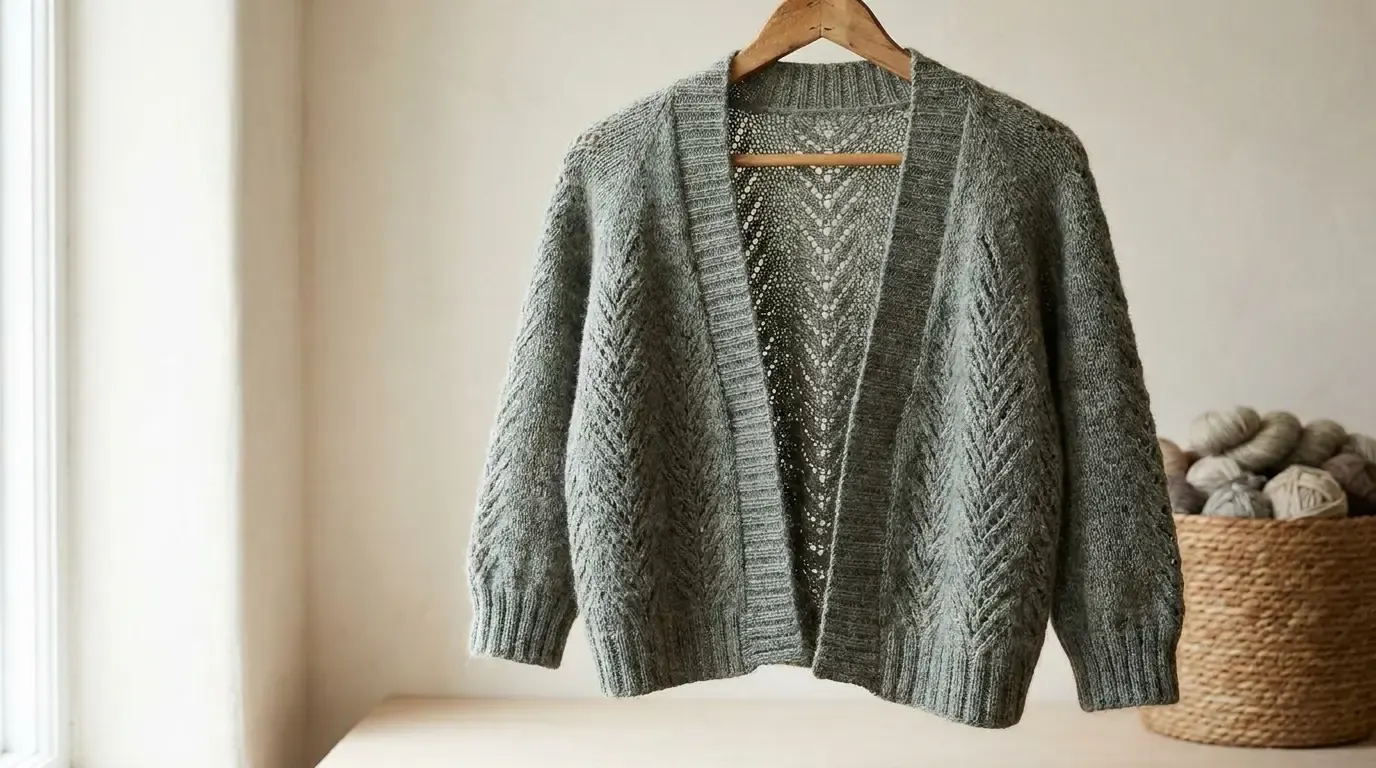 Grey-green lace crochet cardigan hanging on a wooden hanger with ribbed cuffs and open front