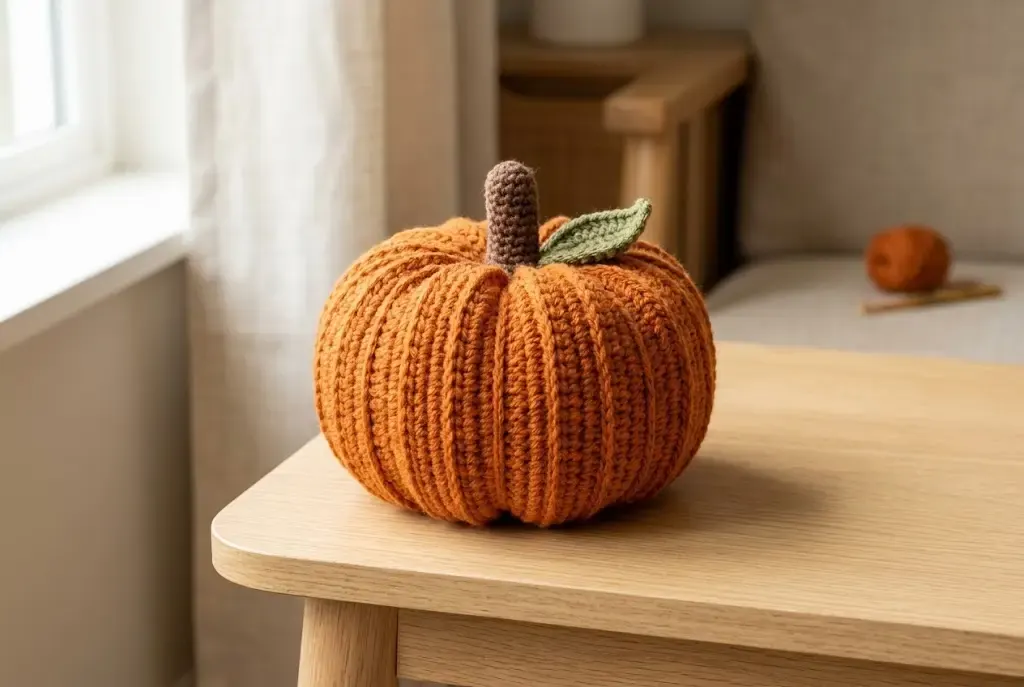 Finished orange ribbed crochet pumpkin with a brown stem and olive-green leaf on a wooden table