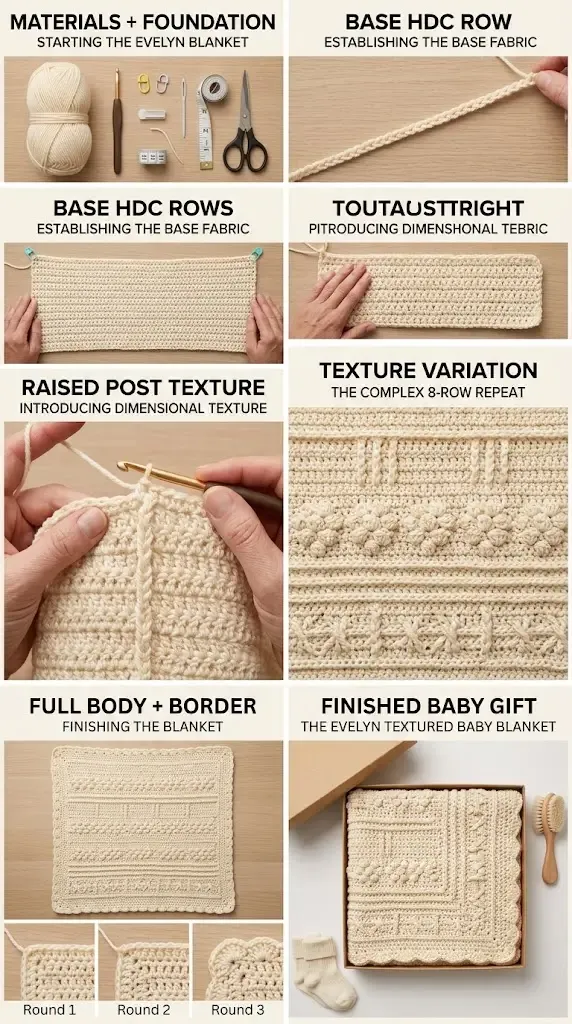 HookElla construction guide for the Evelyn baby blanket showing the DK yarn and foundation, half double crochet rows, raised-post texture, eight-row sequence, full body, and shell border