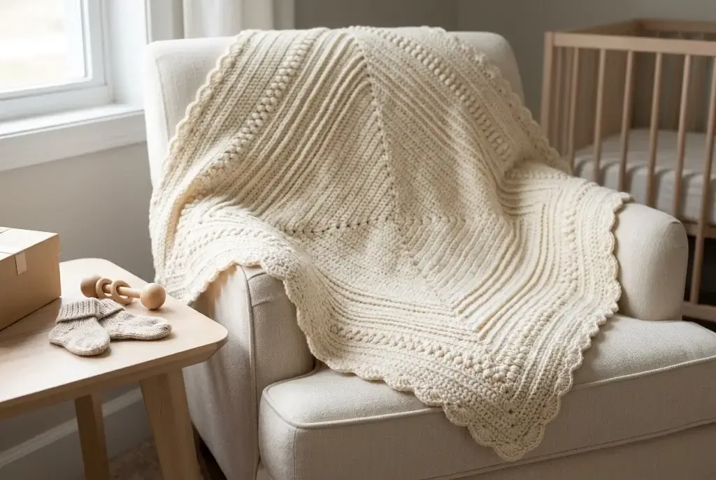 Cream Evelyn textured crochet baby blanket with raised bands and a scalloped border draped over a nursery armchair beside knitted baby mittens