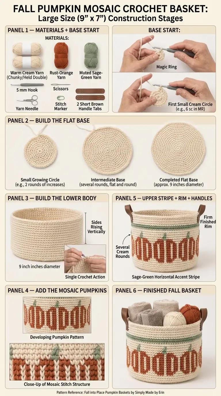 HookElla construction guide for Fall Into Place Pumpkin Baskets showing the materials, circular base, rising walls, overlay pumpkin motif, sage stripe, rim, and optional handles