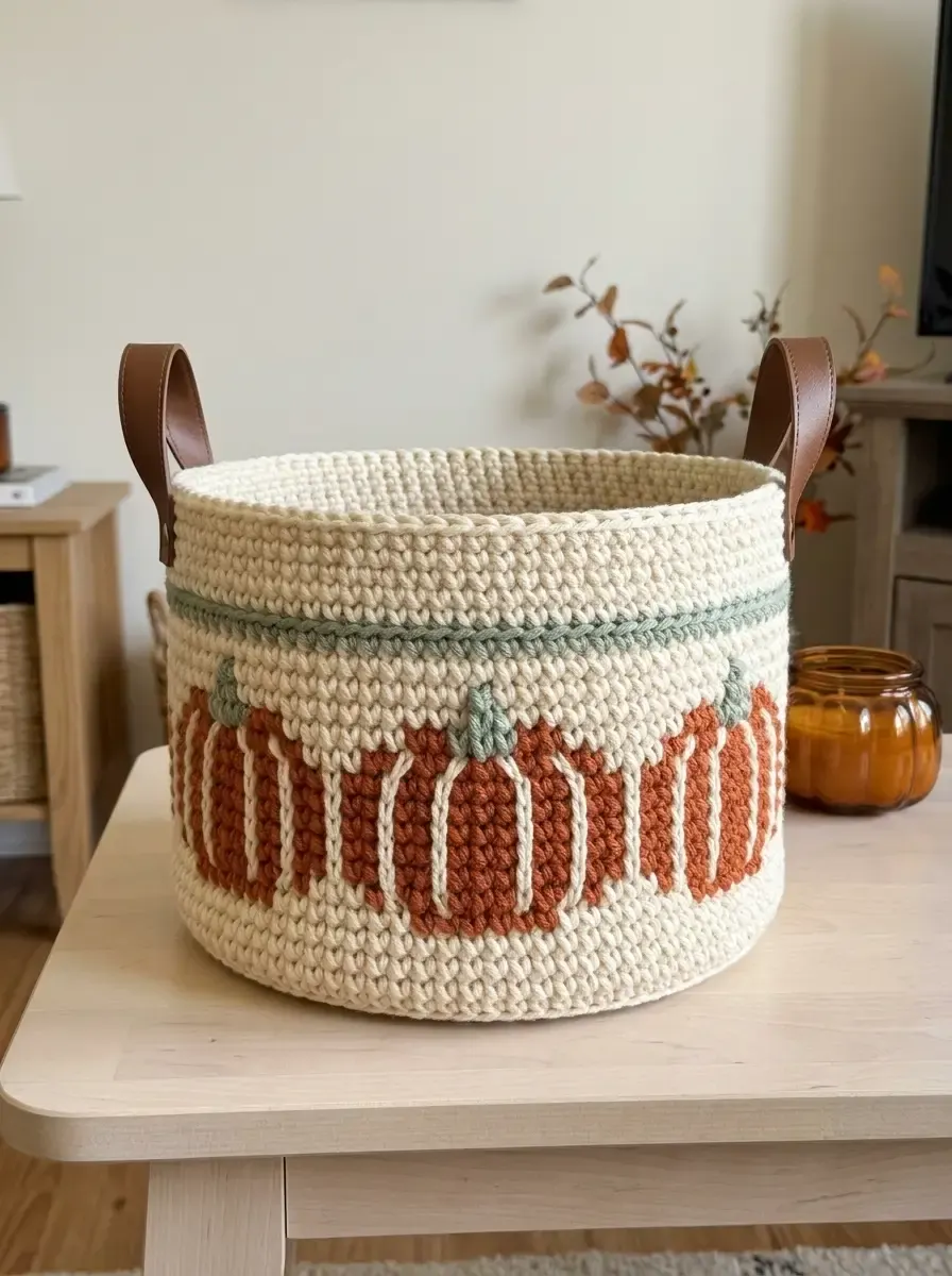 Large cream crochet pumpkin basket with rust-orange mosaic pumpkins, sage-green stripe, and brown leather handles on a table