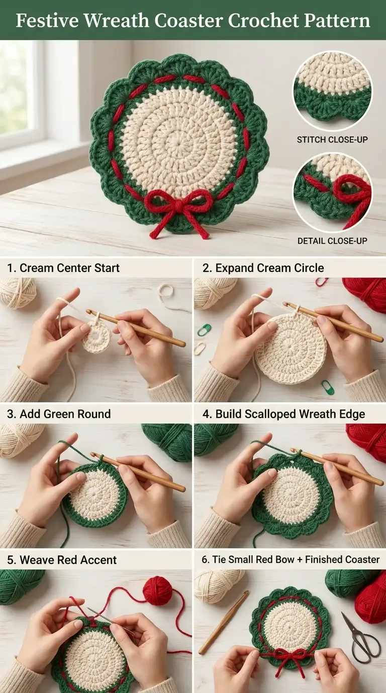 HookElla construction guide showing the cream center, expanding rounds, green wreath edge, scalloped shells, red woven accent, and finished bow