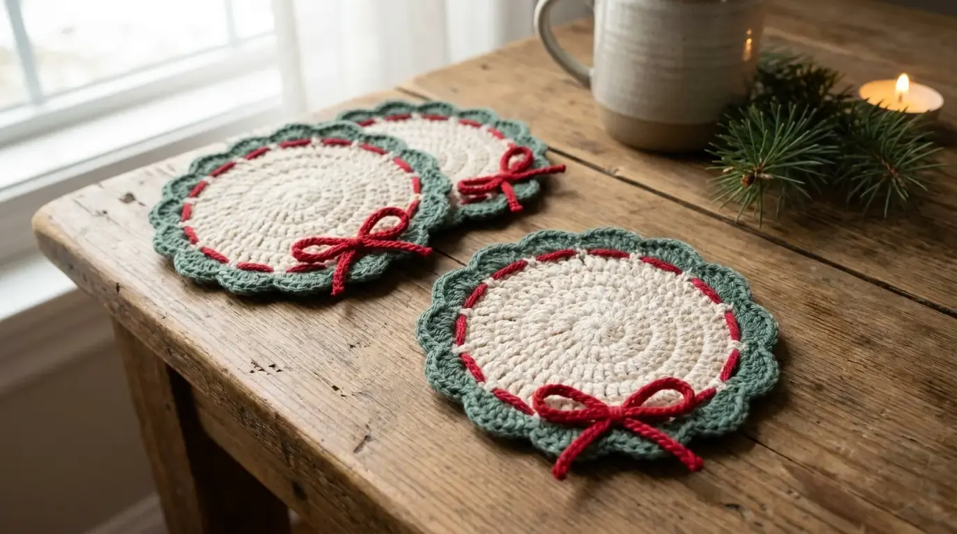 Festive crochet wreath coasters in cream and sage green with red woven accents and small bows on a rustic holiday table