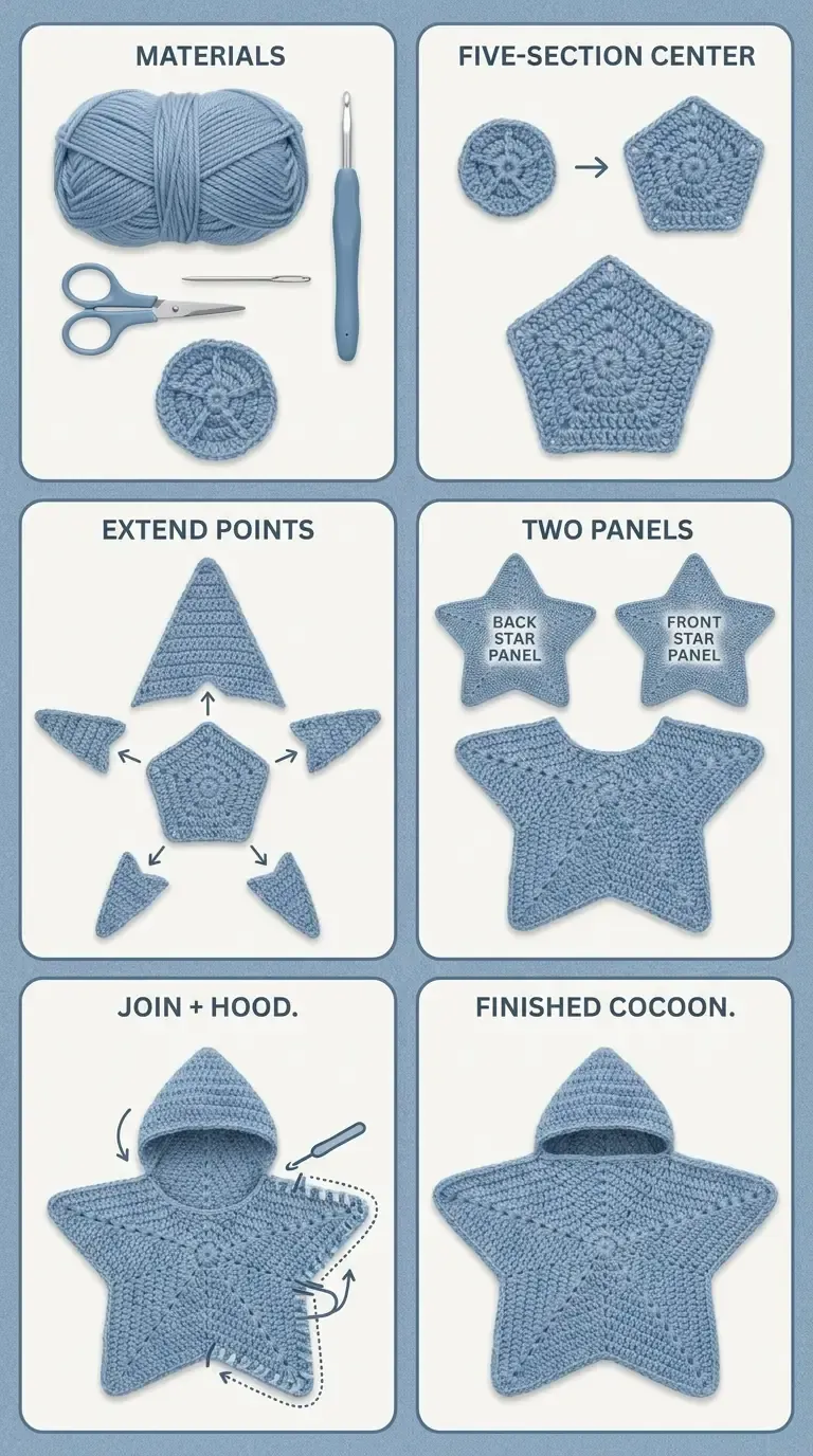 HookElla construction guide showing the five-section centre, extended points, two star panels, hood joining, and finished cocoon