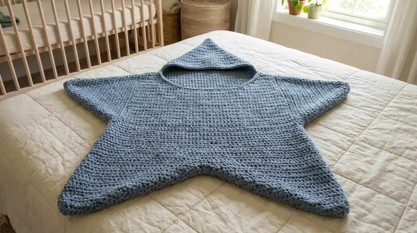Blue five-point star crochet baby cocoon laid flat on a bed with a hood and wide points