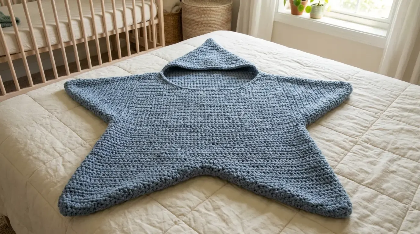 Blue five-point star crochet baby cocoon laid flat on a bed with a hood and wide points