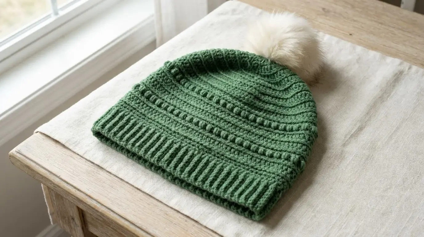 Forest-green crochet beanie laid flat, showing two raised bead-stitch bands, horizontal ridges, a narrow ribbed edge, and a large ivory faux-fur pom-pom