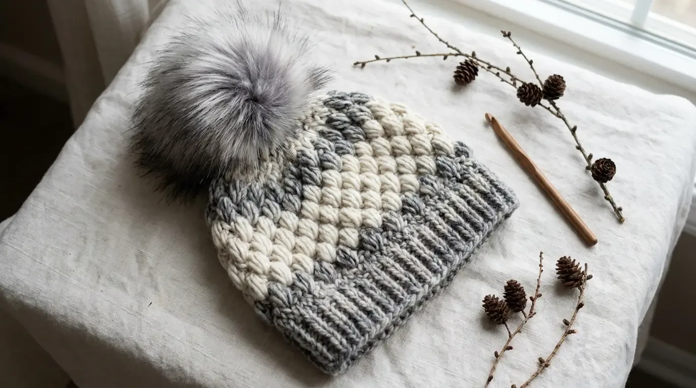 Frosted gray and cream puff-textured crochet beanie with a ribbed cuff and oversized gray faux-fur pom-pom on linen